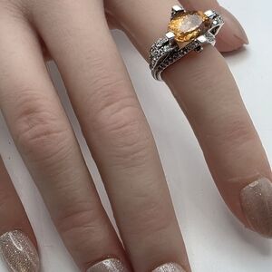 18k White Gold Orange Topaz Diamond Sz 6 Ring